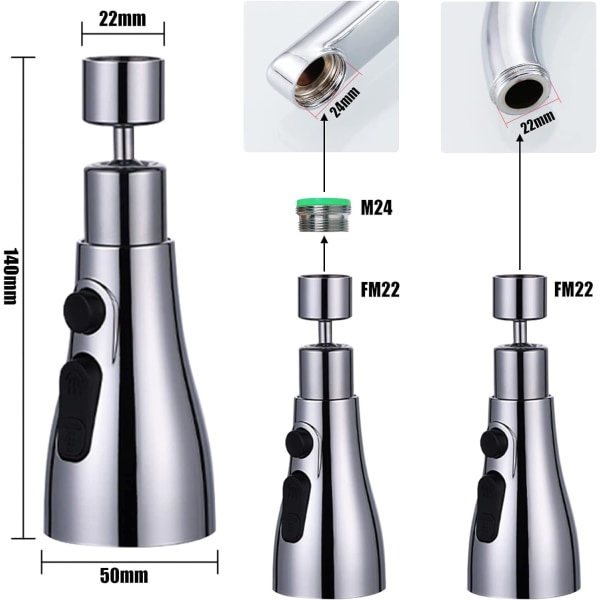 360° roterbar munstycke för köksblandare med 3 lägen - Köksblandare sprayhuvud sprayhuvud ersättning kranhuvud aerator