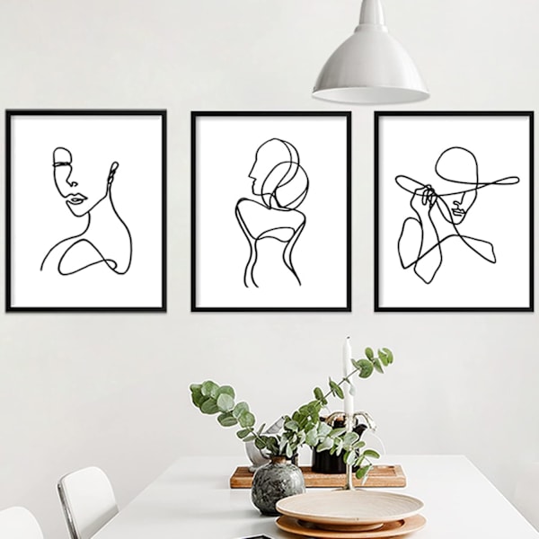 3 stk. plakat minimalistisk stregkunst tryk abstrakt streg vægkunst kunstplakat vandtæt sort-hvid ansigtstegningsmalerier billede - rammeløs