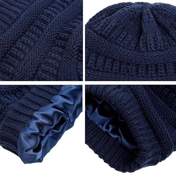 Vintervarm Stickad Mössa med Satinfoder Kabel Stickad Beanie Chunky Slouchy Skallehatt för Kvinnor Navy