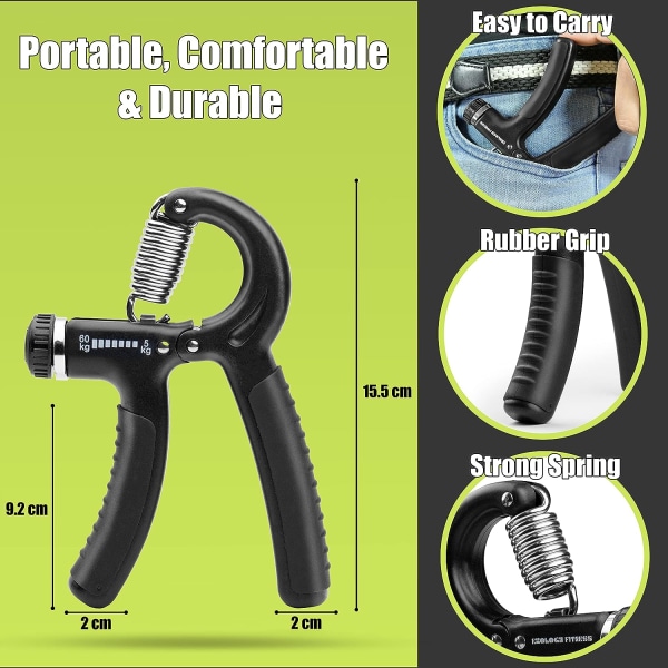 5-60 kg greppstyrketränare – Justerbar handgreppsstyrketränare med rostfritt stålfjäder för starka handleder, fingrar, underarm, händer Black