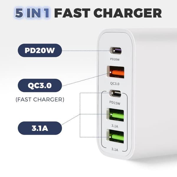 USB-C-lader, 65W 5-ports USB-C-lader med Smart QC 3.0 hurtiglading, USB-strømadapter