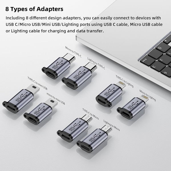 USB C - Micro USB -sovitin, Type C/Micro USB naaras - Lightning uros -muunnin, Micro USB - USB C -jatkojohto (8 kpl)
