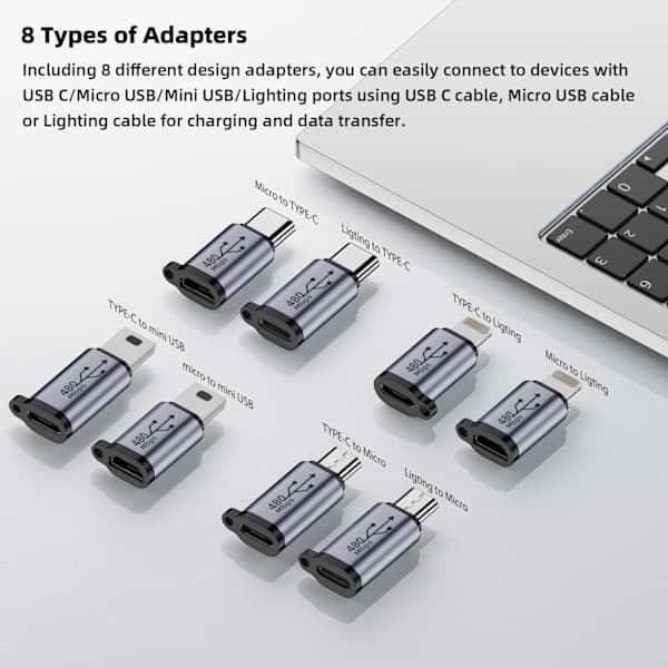 USB C till Micro USB Adapter, Typ C/Micro USB Hona till Lightning Hane Konverterare, Micro USB till USB C Förlängningskabel (8-Pack)