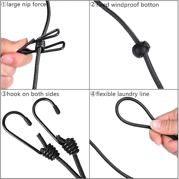 Bærbar Reiseklessnor - Justerbar Elastisk Reise Camping Retractable Klessnor med 12 stk Klips for ferier, reiser, camping, utendørs balkong