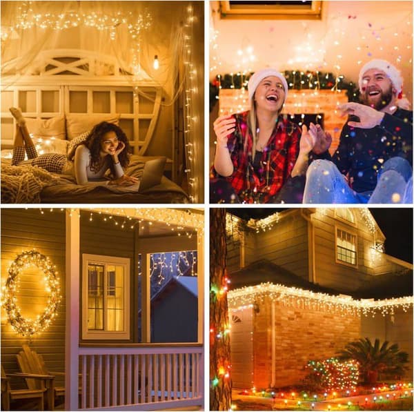 Utendørs julegardinlys, 5M 200 LED sammenkoblingsbare utendørs lyslenker, 8 energisparende moduser - Varmhvit