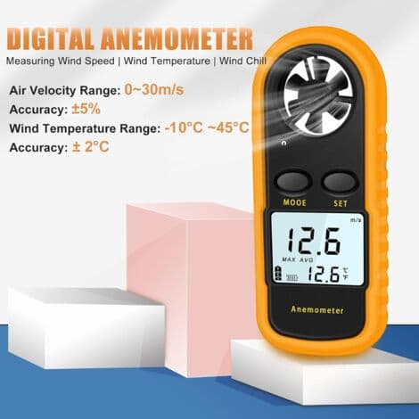 Bærbart Anemometer, Højpræcisions Digitalt Anemometer (±5%) med LCD-baggrundsbelysning, Bærbart Anemometer til Udendørs Brug, HAVC, Droner