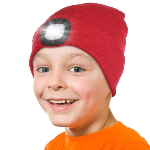 Ledbelyst cap för barn, uppladdningsbar 4 led pannlampshatt, stickad vintermössa med ficklampa för cykling och löpning Red
