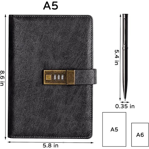 Dagbog med lås, A5 PU læderjournal med lås 240 sider, Vintage låsejournal adgangskodebeskyttet notesbog med pen & gaveæske, låsedagbogsplanlægger O