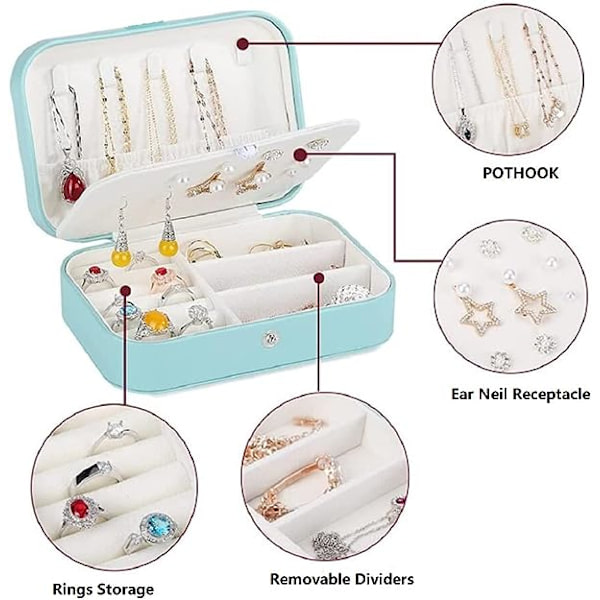 Smyckeskrin Organizer Liten Smyckeskrin Resväska Smyckeskrin Förvaring för Ringar Örhängen Halsband Armband, Läder Smyckeskrin, Ljusblå