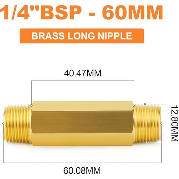 5-osainen messinkinen pitkä nippa, 1/4 BSP messinkiputkiliitin, 60mm pitkä