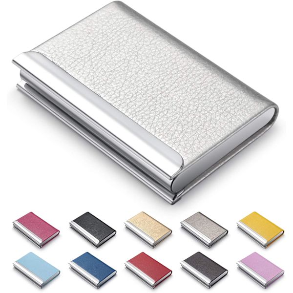 Visitkortshållare, lyxig PU-läder visitkortsfodral - Plånbok Kreditkortsfodral, Slim Metal Pocket Card Holder med magnetisk stängning (Silver)