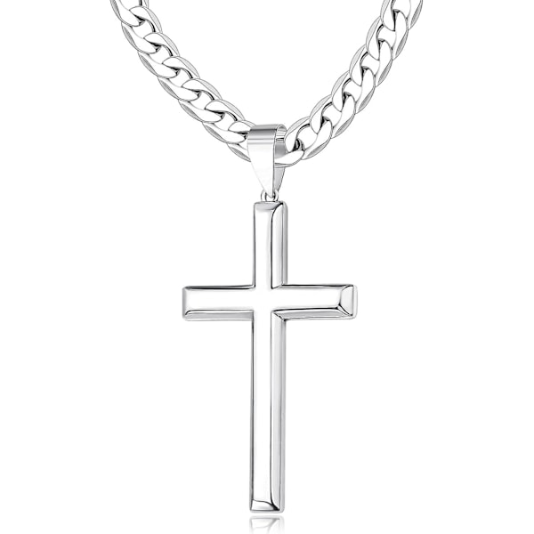 925 Sterling Silver Cross Halsband för Män Kvinnor 45mm Rostfritt Stål Högpolerad Kubansk Länk Kedja 18k Vitguld Pläterad Snedkant Krucifix Cro 18in-46cm