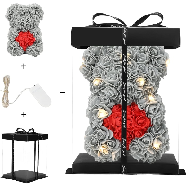 Alla hjärtans dag, Rose Bear Handgjord ros Teddy Bear Rose Teddy Bear - Present för alla hjärtans dag, mors dag, genomskinlig presentförpackning (grå)