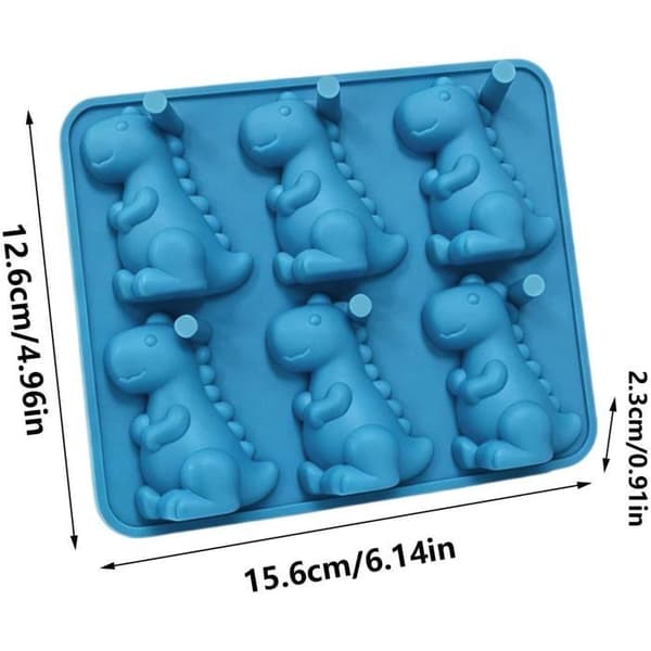 Dinosaur silikonisbitsform med 6 lättlösliga hålrum, 15,6 x 12,6 x 2,3 cm, flexibel frysfack