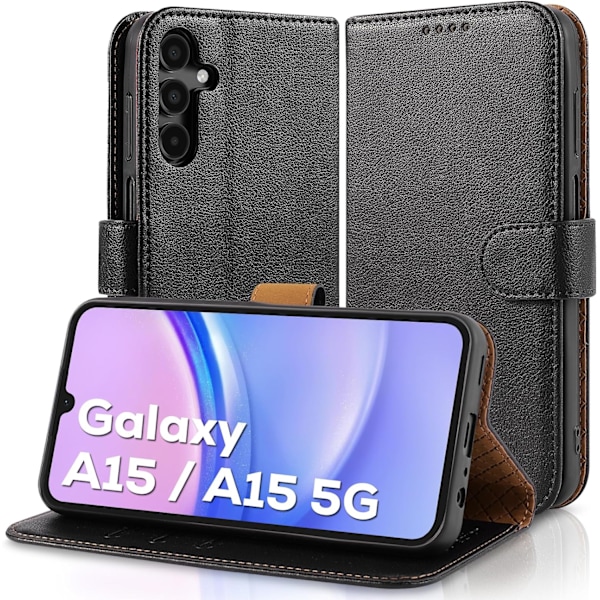 Samsung A15 Mobilskal - Läderfodral med [RFID-blockering], Stöttåligt [Ställ] för Samsung Galaxy A15 5G Elegant Black