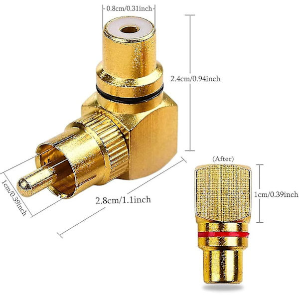 4 stk vinkelkontakt-adapter, hannkontakt-kontakter eller push-in-kontakter, RCA hann til hunn 90 graders rettvinklet adapter