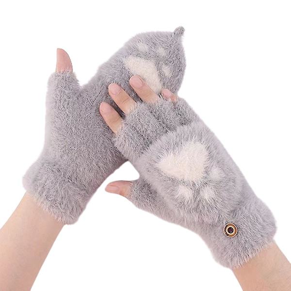Stickade plyschklaffhandskar Vinterhalvfingerhandskar Dam söta handskar grey