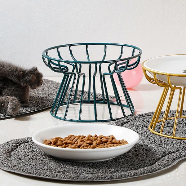 Keramisk Kat Hævet Skål Hævet Mad MED/ Jernstativ Til Små Kæledyrshunde Teddy Green iron frame