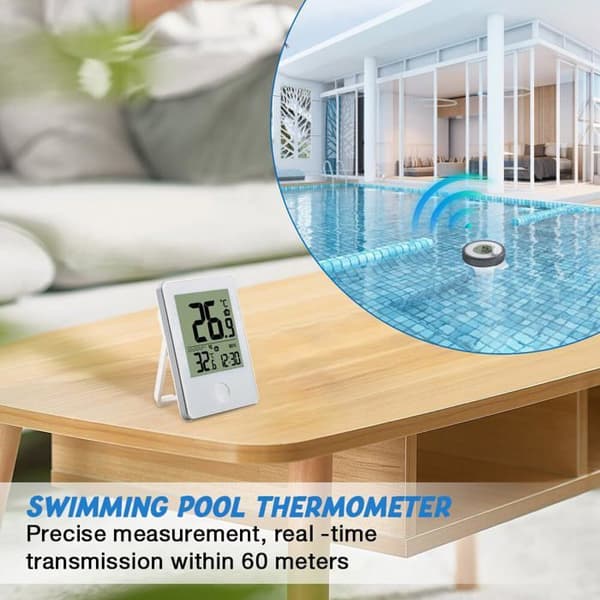 Smart pooltermometer, flydende pooltermometer med omgivelsestemperaturvisning, urfunktion, pH-testpapir, pooltermometer