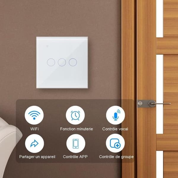 Smart tilsluttet afbryder 3-gangs 1-vejs kompatibel med Alexa, WiFi touch-afbryder hvid glaspanel