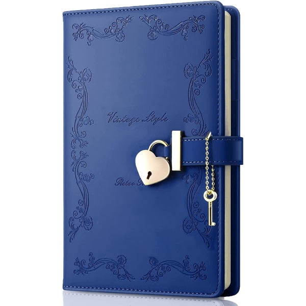 Flickdagbok med lås och nyckel, söt hjärtformad låsjournal för kvinnor, påfyllningsbar A5 Vintage Secret Pu-läder anteckningsbok Present för tonårsflickor - Navy B