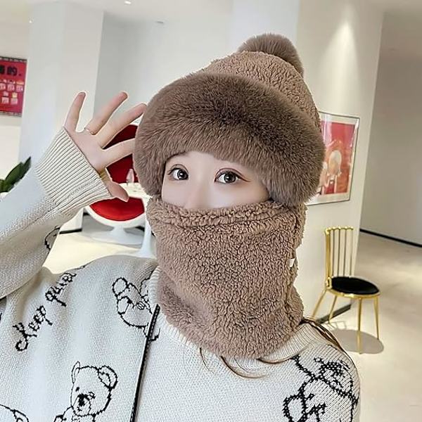 Naisten pyöräilytuulenpitävä huivihattu Talvinen kaulaliina Lämmin fleece-naamio Termohuppu Pompomilla hiihtämiseen pyöräilyyn One Size,Beige