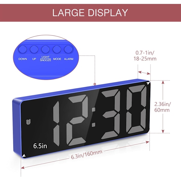 Digital väckarklocka, sängklocka med röst- och beröringsaktivering, batteridriven/USB-driven digitalklocka med stor LED-display, snooze-funktion Blue & White