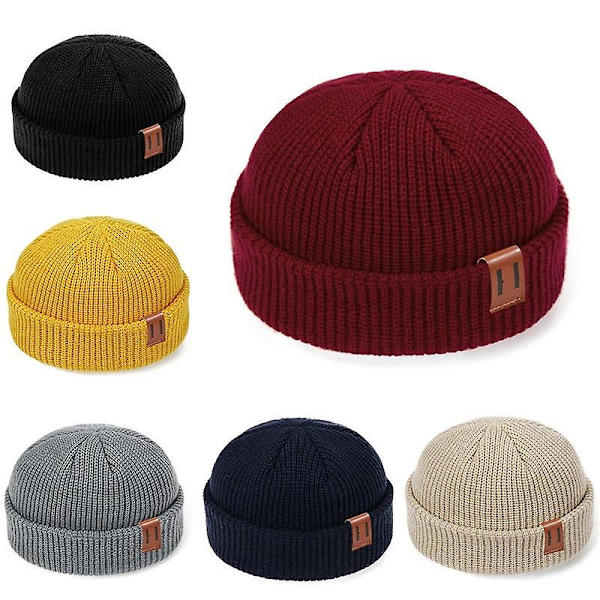 Mænd Kvinder Mode Vinter Strikket Beanie Hat Unisex Skullies Cap Hip-hop Cuffed Kort Cap Bonnet Varmt Ribbet Fisker Docker Hatte Wine red