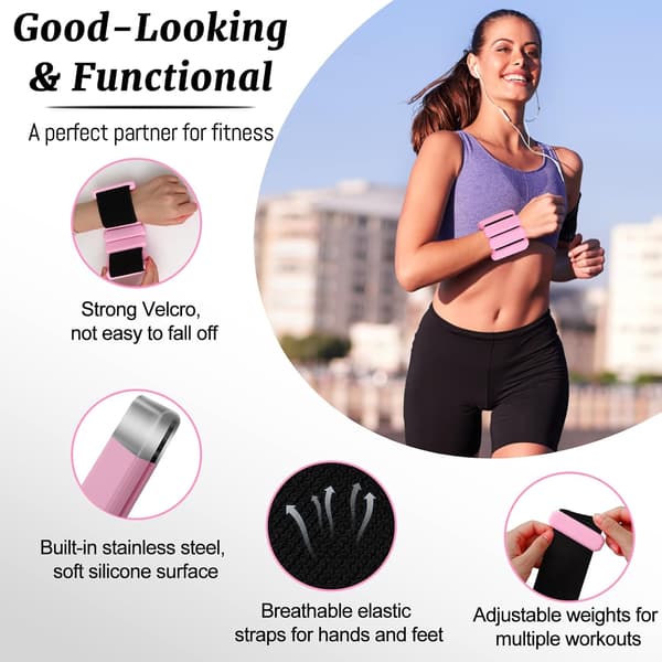 2 st justerbara silikonvikter för ankel och handled, bärbara vikter för styrketräning, pilates, löpning, simning (rosa)