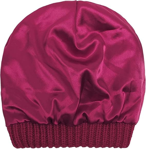 Vintervarm Stickad Mössa med Satinfoder Kabel Stickad Beanie Chunky Slouchy Skallehatt för Kvinnor Wine Red
