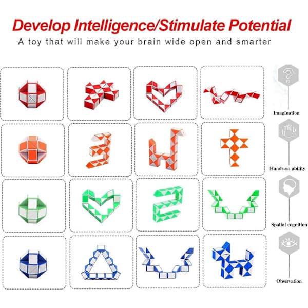 Tärningsleksak - Set med 4 12 delar, 24 block - Magic Speed Cube / Snake Cube Puzzle / Magic Snake Cube - 3D IQ-leksak för barn och vuxna[D]
