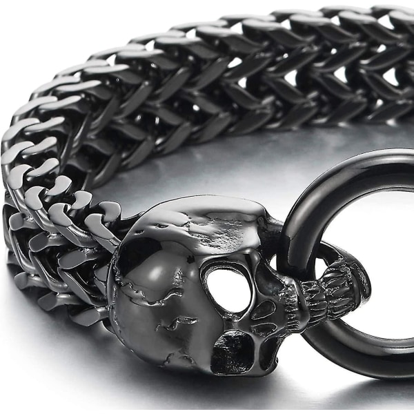 Gothic Herrskalle i rostfritt stål Franco Link Curb Chain Armband med fjäderringlås 8,5 tum Svart (hy)
