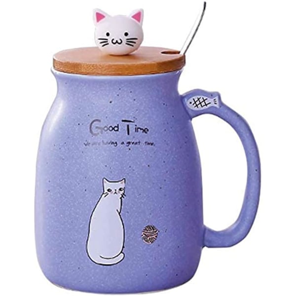 Kattmugg Söt Keramisk Kattunge Kaffekopp med Underbar Kattlock Rostfritt Stål Sked för Kaffe Te Mjölk 380ML Te Mjölk Julmugg för Kvinnor (Lila)