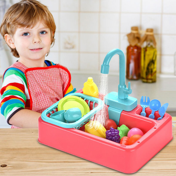 19 stk Legetøj til køkkenvask med rindende vand Pædagogiske gaver til piger, drenge Pink
