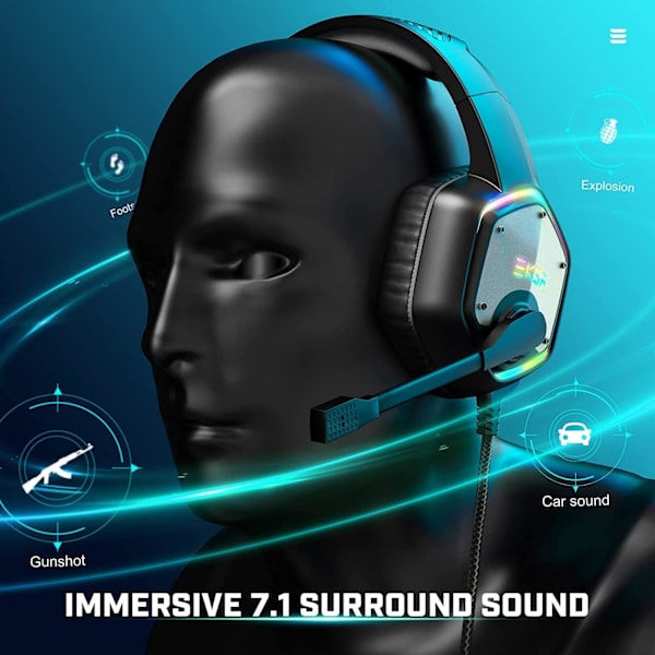 E1000 USB Gaming Headset for PC - Datamaskin Hodetelefoner med Mikrofon/Mic Støydemping, 7.1 Surround Sound Kablet Headset & RGB Lys(Grå)