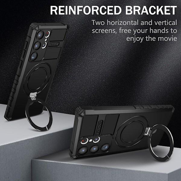 Samsung Galaxy S23 Ultra PC+TPU-fodral med magnetiskt fingergrepp och stativ Black