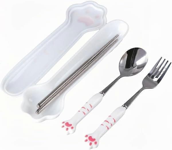 3-delad tecknad söt kattklo sked gaffel pinnar set utomhus camping bärbart servis set (2 delar) Pink