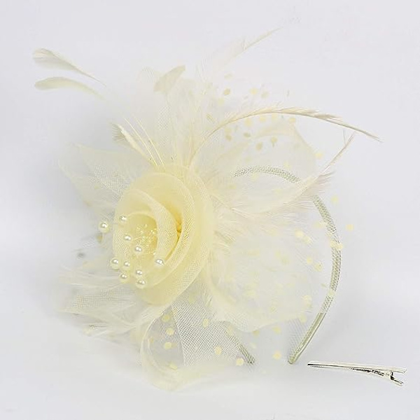 Fascinatorhatt för kvinnor, damer, bröllop, tebjudning, flapper, pillboxhatt, Ascot-tävlingshatt, fjäderblomma (beige)