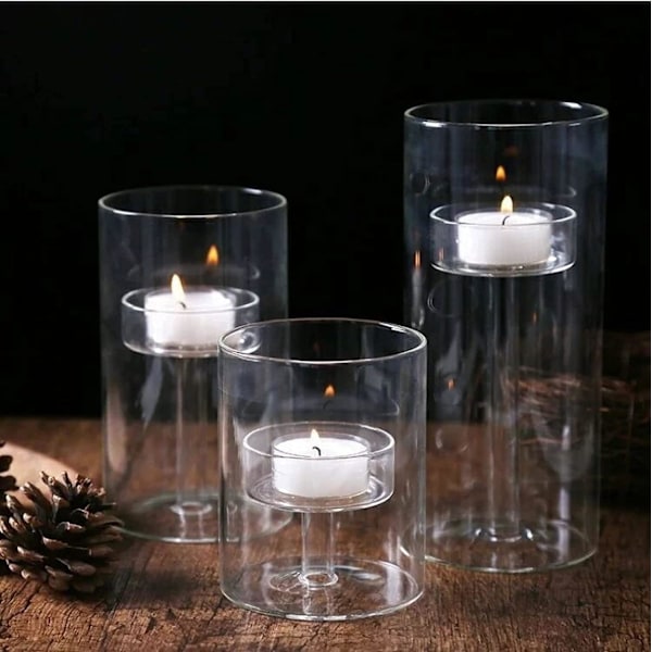 Glass Telysholder Lys Sett med 3 Klare Votive Lysholdere for Bryllup Fest Hjem Stue Dekorasjon