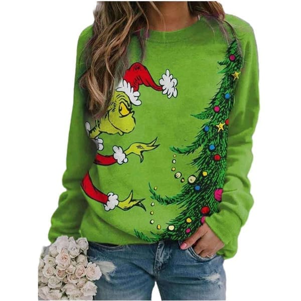 Grinch jul kvinders mode afslappet sweatshirt toppe grøn grøn M