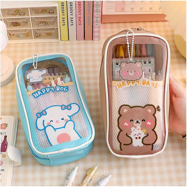 Kawaii kynäkotelo - Söpö kynäkotelo estetiikkaa tytöille, suuri kapasiteetti kynäkotelo kestävä laukku, koulu tarvikkeet teini-ikäisille, mahtuu yli 60 kynää Brown Bear