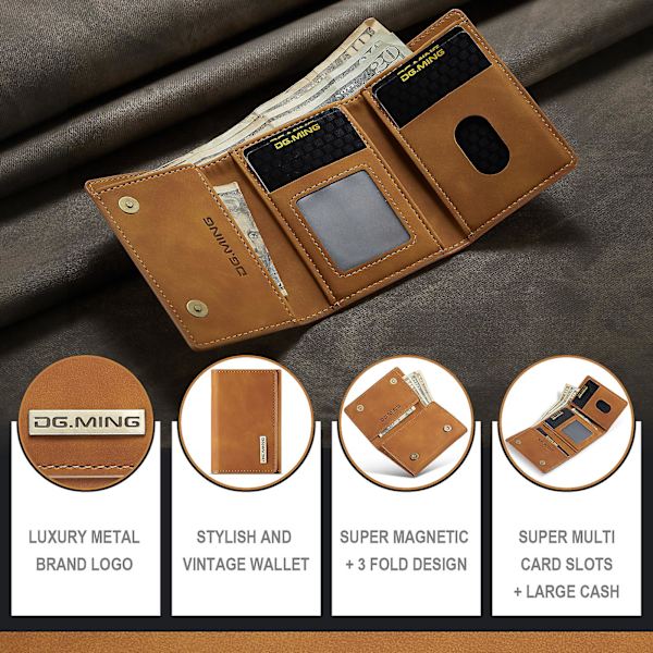Dg.ming M1-serien PU-läder magnetisk absorption stängning Tri-fold ficka plånbok kontantkort hållare myntväska Brown