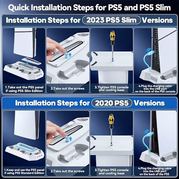 PS5/Slim/Pro konsolille universaali jäähdytysteline tuulettimen pohja, monitoiminen kaksi-yhdessä ohjain suoraan liitettävä lataus White