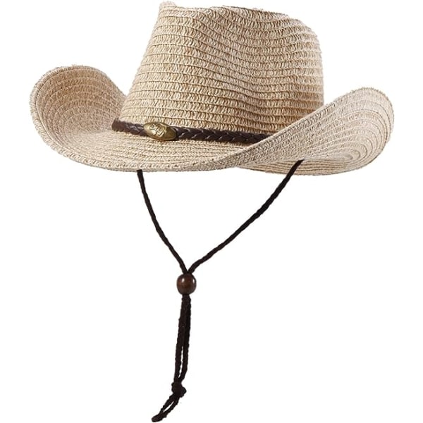 Western cowboyhatt (med tau) for kvinner og menn med sammenleggbar sommersolskygge stråhatt med bred brimme, beige