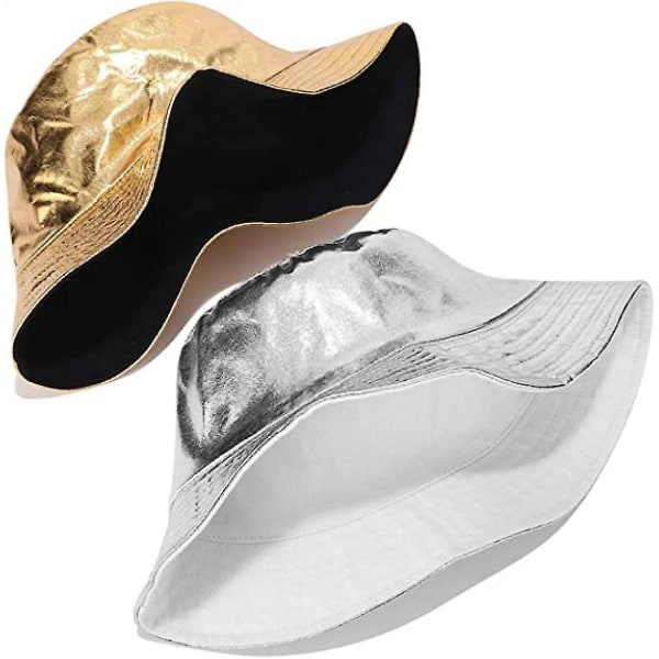 Metallisk Bucket Hat Trendig Fiskare Hattar Unisex Vändbar Packable Cap