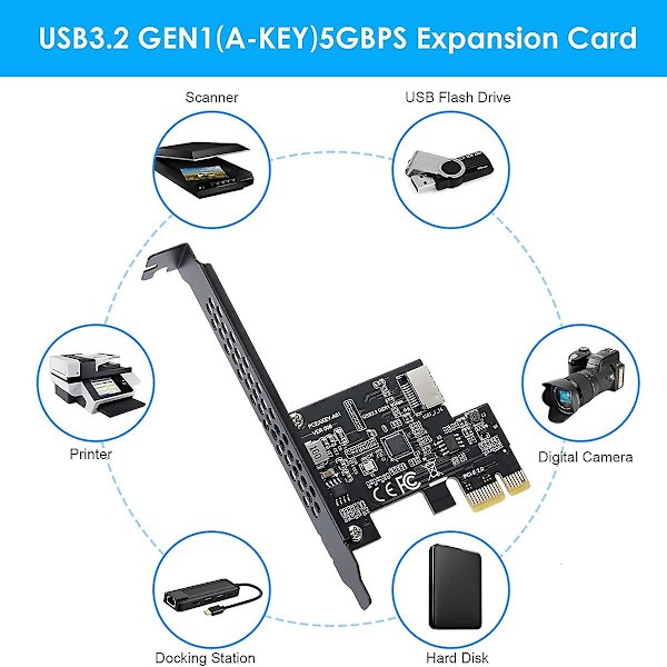 Pci-e 1x - USB 3.2 Gen1 5gbps Type-e A-key -laajennuskortti, etupaneeli Type-c -liitäntä pöytätietokoneelle Black