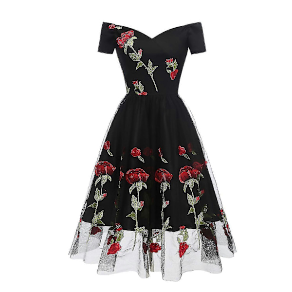 Kvinnors spetsnätros med broderade blommor, V-ringad kort kvällsklänning
