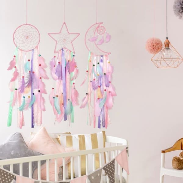 3 käsintehdyn kuun ja auringon unisiepparin setti, perinteinen valkoinen design makuuhuoneen seinäkoristeeksi (macaron-väri)