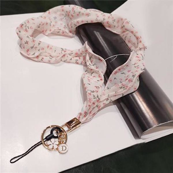 Blommig chiffong silkescarf stil telefon lanyard metallhänge nyckelring telefonhalsband Beige