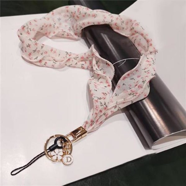 Blomster chiffon silke tørklæde stil telefon lanyard metal vedhæng nøglering telefon hals strop Beige